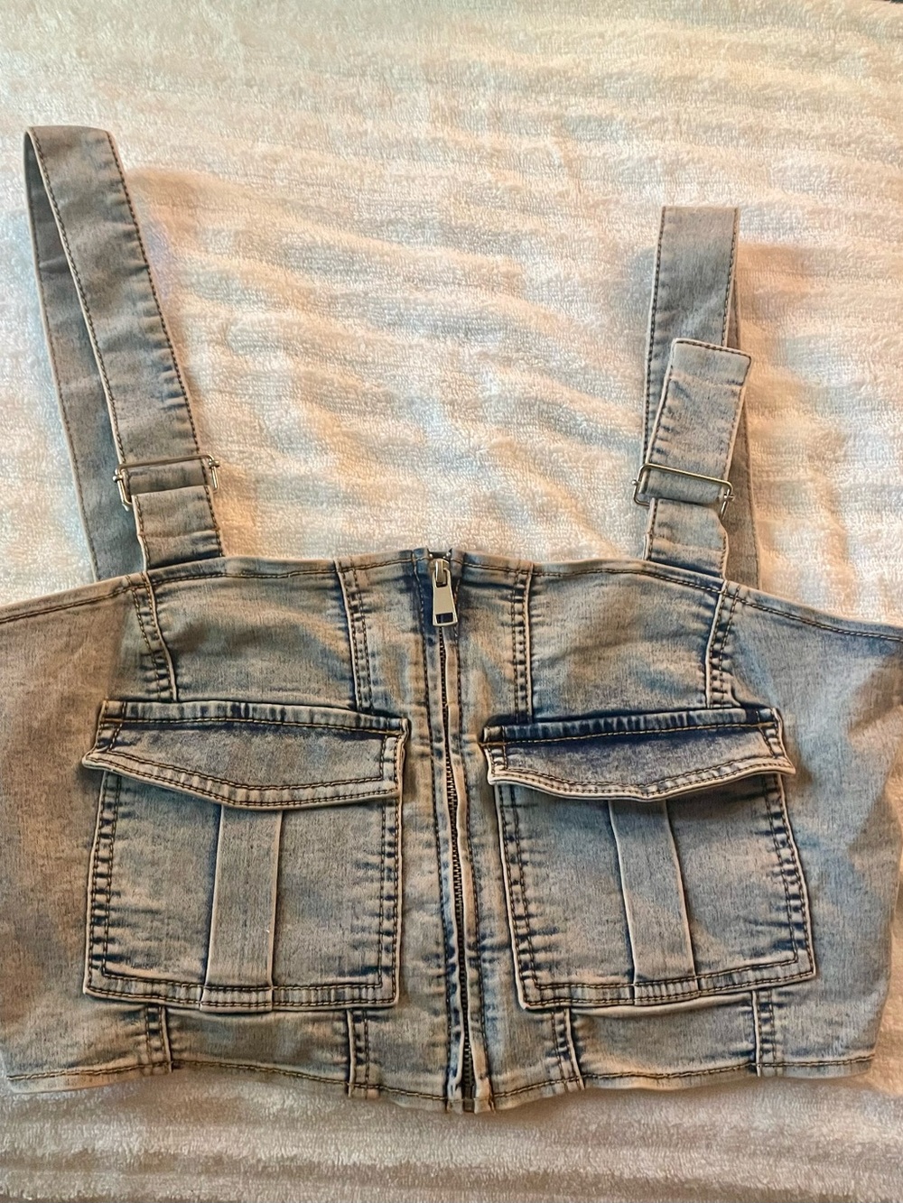 Denim Utility Crop Top with Front Pockets - Light Blue